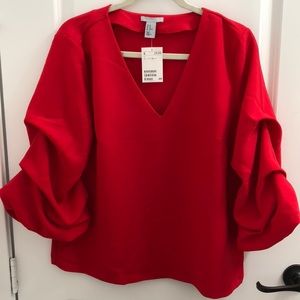 H&M, W/ TAGS red blouse with pouf sleeves